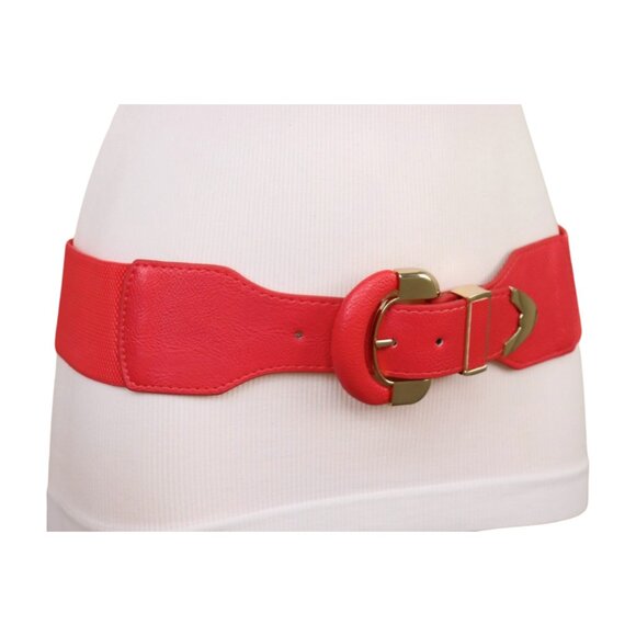 New Women Coral Pink Faux Leather Elastic Waistband Belt Round Gold Buckle S M - Picture 13 of 16